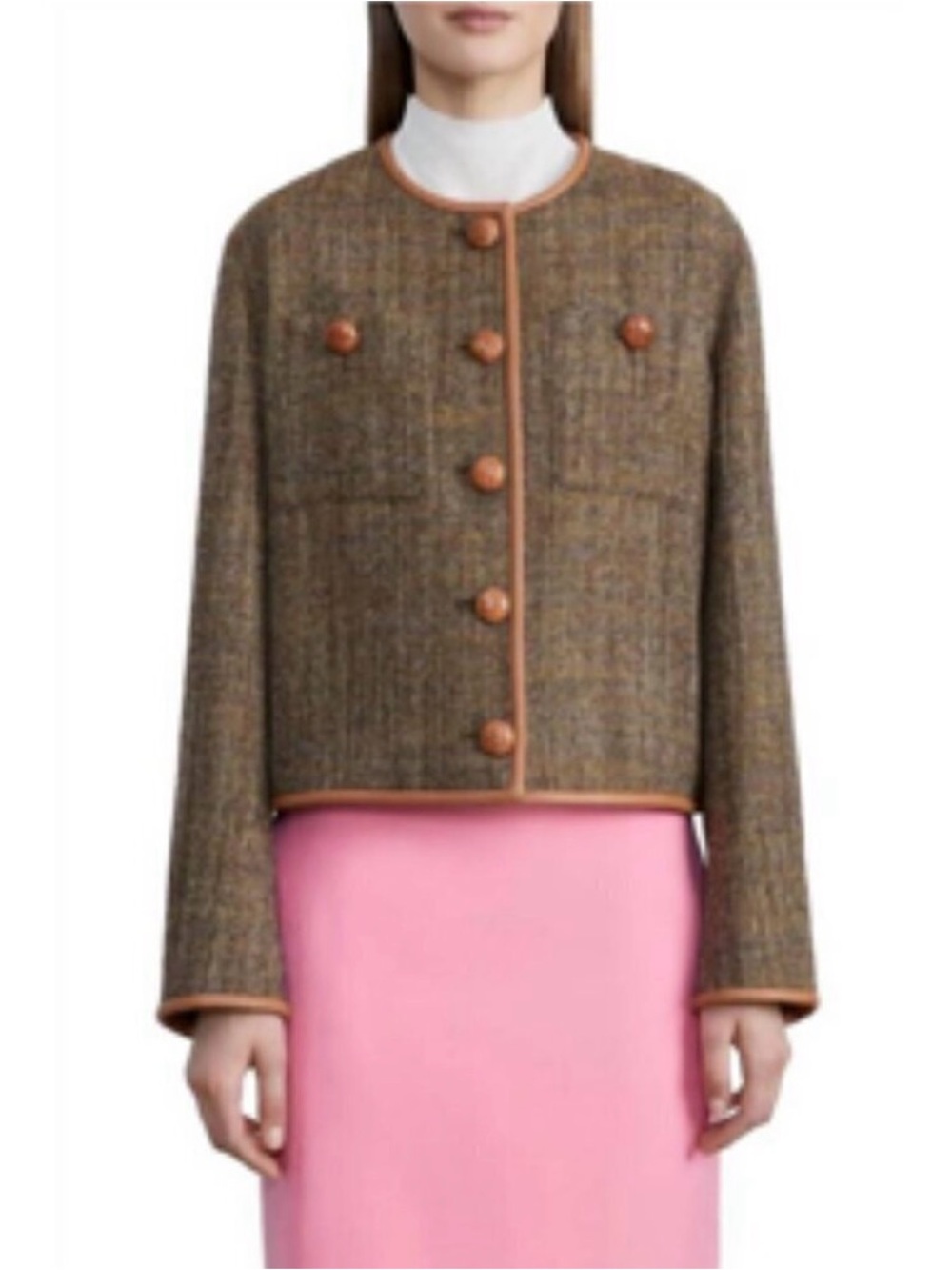 Lafayette 148 New York Brown Tweed Jacket with Tan Leather Trim